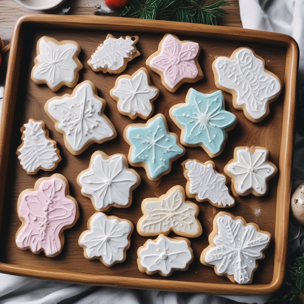 Icing decorated cookies on a wooden tray