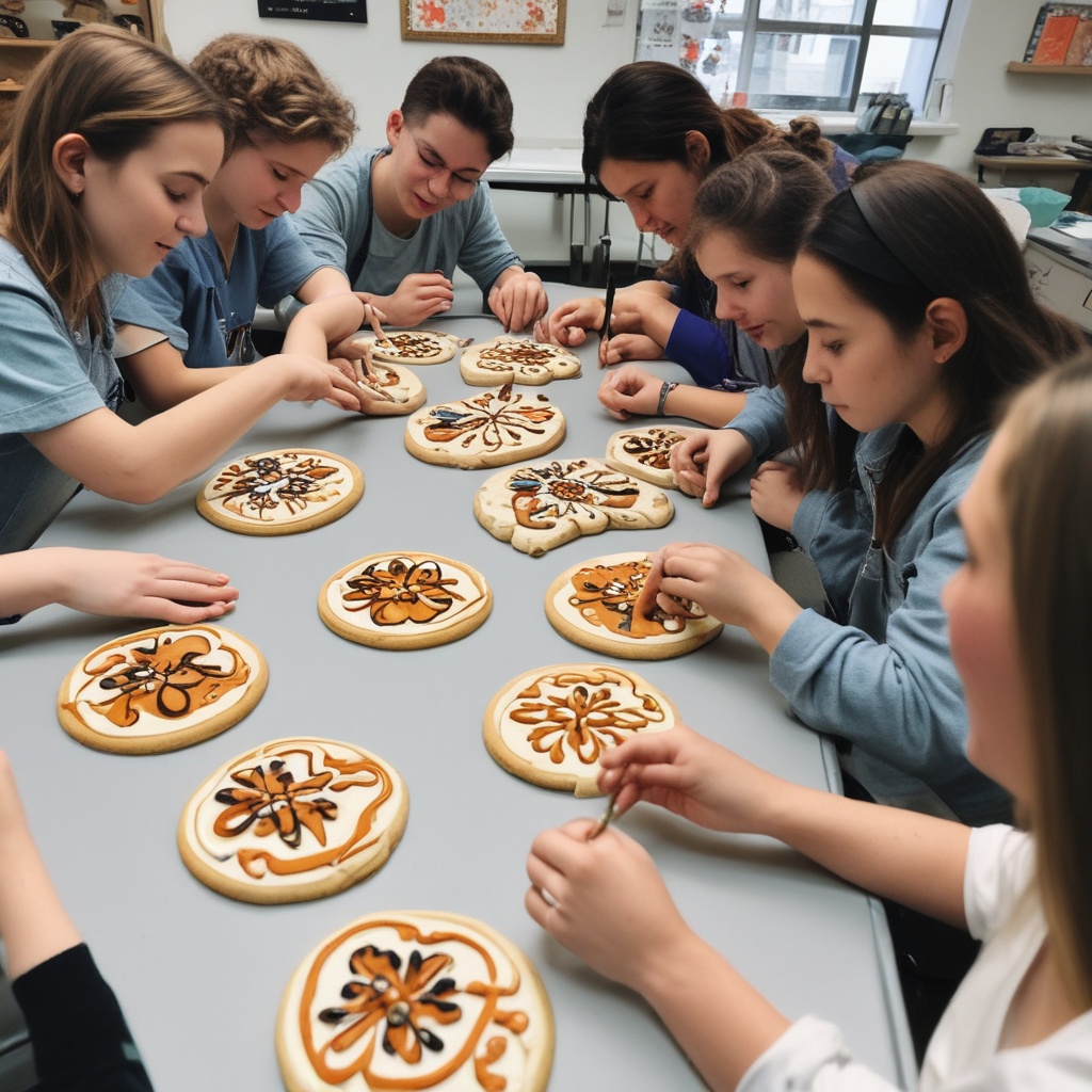 Students decorating cookies in a class